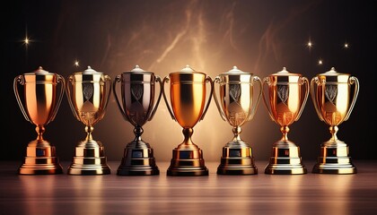 Five shiny trophies in a row.