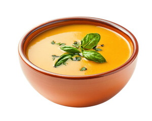 A bowl of soup with a green leaf on top. The soup is orange and has a creamy texture