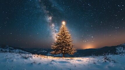 Christmas tree on snow-covered hills under a starry night sky, with the Milky Way shining brightly.