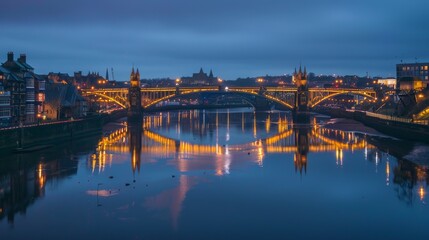 Fototapeta premium Illuminated Bridge and Cityscape Reflection in the Water at Dusk.