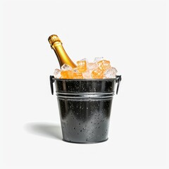 Medium shot of a Champagne bottle in the bucket full with ice, isolated on a white background, 