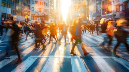 Dynamic Urban Crosswalk Movement Pedestrians Sunrise Reflections Cityscape Blurred Motion. AI Generated