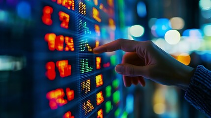 Hand with a virtual stock market display, representing digital trading.