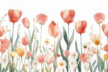 Fototapeta premium A delicate watercolor illustration capturing a field of tulips and daisies in full bloom, isolate on white background with copy space