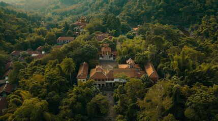 Aerial view of a temple in a lush green forest.