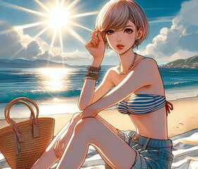 夏の浜辺と水着の女性