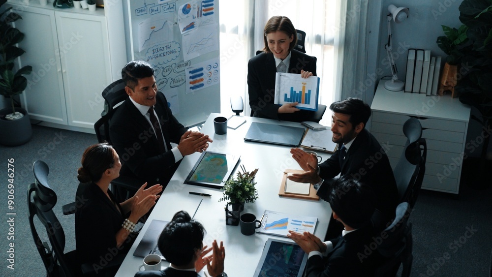Aufkleber top view of smart business woman show increasing sales chart to diverse team while group of diverse 