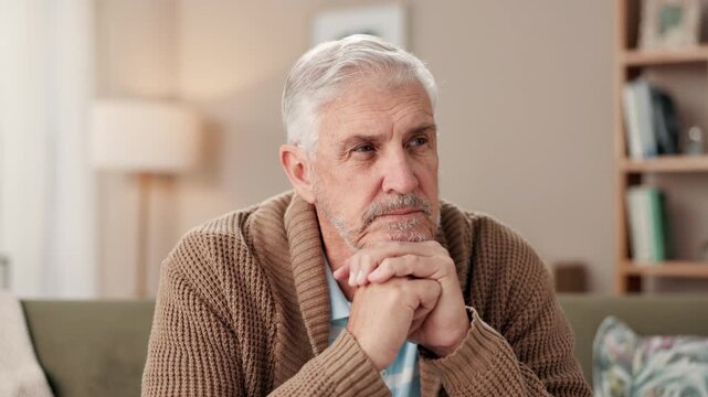 Senior, man and thinking on sofa in retirement home for legacy, memory and day dreaming with question. Elderly person, relax and couch with thoughts or remember from past with nostalgia and regret.
