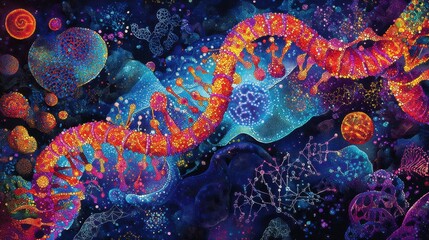 Science and genetics-themed imagery, featuring intricate patterns and vibrant colors to symbolize innovation and discovery.