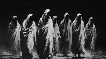 Black and white painting of faceless cloaked figures marching through the night, evoking an eerie and ghostly procession.