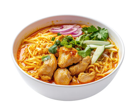 A bowl of khao soi chicken and onions and a lime on top. The soup is yellow and orange and has a lot of noodles