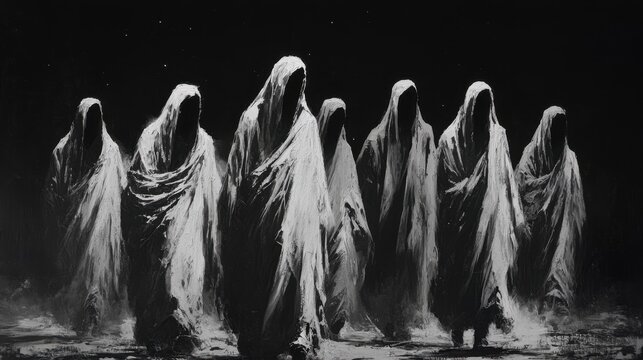 Black and white painting of faceless cloaked figures marching through the night, evoking an eerie and ghostly procession.