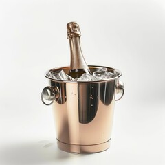 Medium shot of a Champagne bottle in the bucket full with ice, isolated on a white background, 