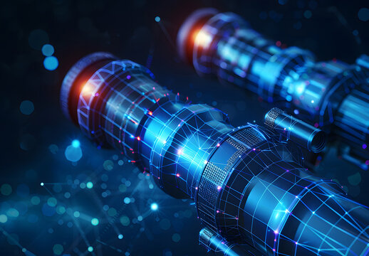 Digital blue binoculars with data streams, AI in visual recognition systems, augmented reality applications, object detection algorithms, enhanced surveillance technologies, observation design