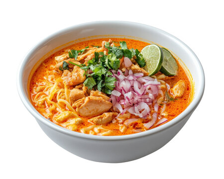 A bowl of khao soi chicken and onions and a lime on top. The soup is yellow and orange and has a lot of noodles
