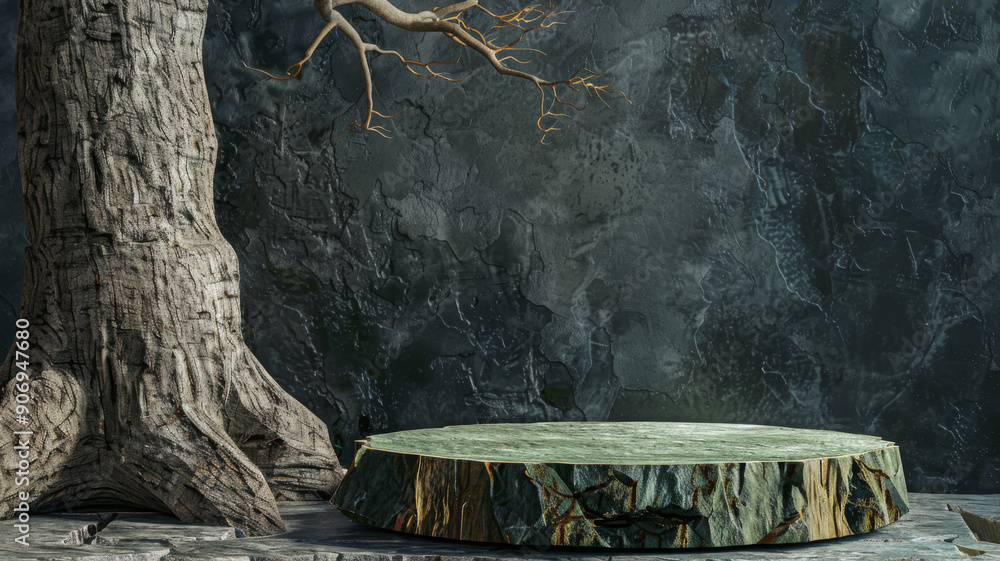 Poster tree trunk and branch with a wooden platform