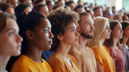 Diverse Audience Engaged Collective Focus Community Listening Empathy Expression Curiosity Respect Inspiration Learning. AI Generated