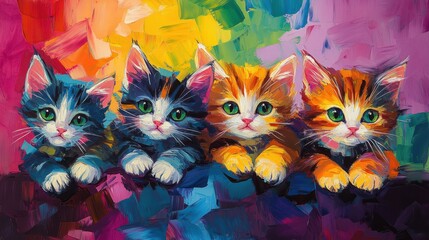 Abstract cat art in vibrant colors, depicting playful kittens.