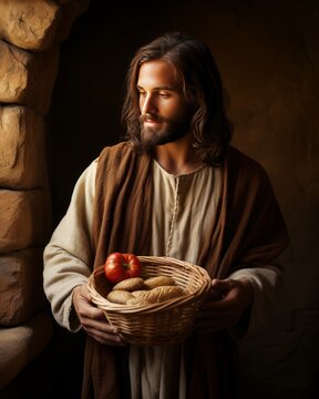 Jesus blessing fish and bread  biblical artwork symbolizing generosity and feeding miracle
