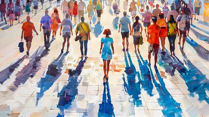 Obraz premium Vibrant Urban Scene People Walking Shadows Colorful Street. AI Generated