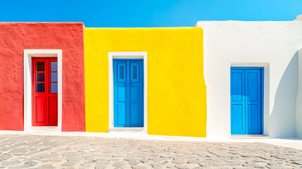 Colors of Santorini, Greece. Mediterranean cycladic architecture and picturesque facades against clear blue skies. Walls and doors painted in white, yellow and red. Minimalist style. 