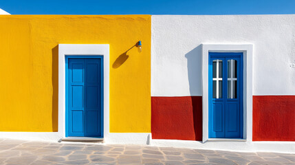 Mediterranean cycladic architecture and picturesque facades in Santorini Greece against clear blue skies. Walls and doors painted in white, yellow and red colors. Minimalist style. 