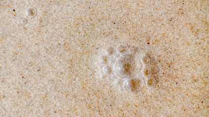 A single footprint in wet sand with bubbles illustrating childhood memories of seaside vacations and beach holidays