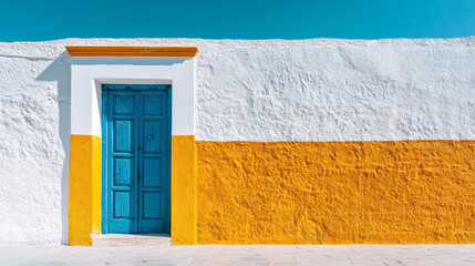 Mediterranean cycladic architecture and picturesque facades in Santorini Greece against clear blue skies. Doors and walls painted in shades of white and yellow. Minimalist style. 