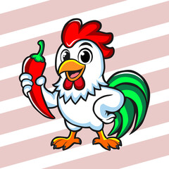 a chicken with a red comb and a green and white striped background