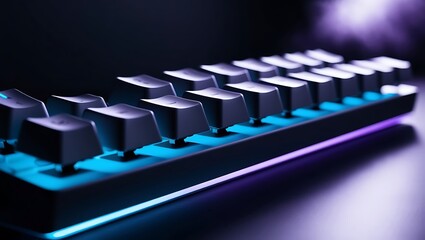 Closeup of laptop keyboard illumination, backlit keyboard. Freelancer online working on laptop at home, close up.