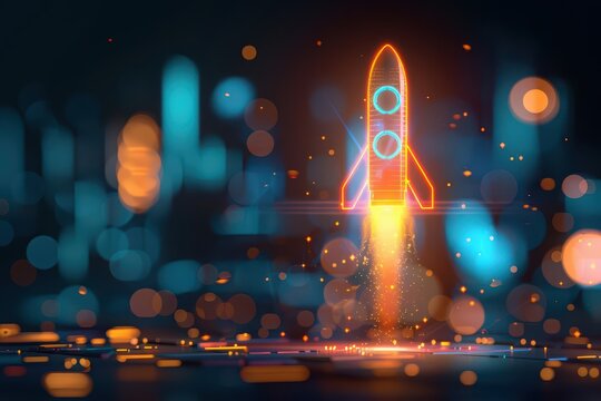 A mystical rocket, glowing with enchanted symbols, launching a business to unprecedented heights of success, high tech, with copy space