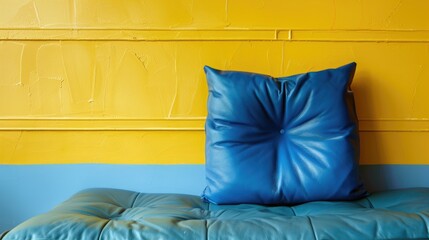 Contrasting surfaces with blue leather cushion and yellow painted board emphasizing negative space