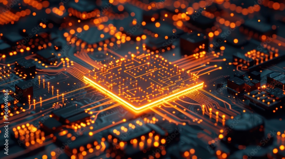 Poster a peculiar technology setup featuring a circuit board surrounded by spectral flames, offering an oth