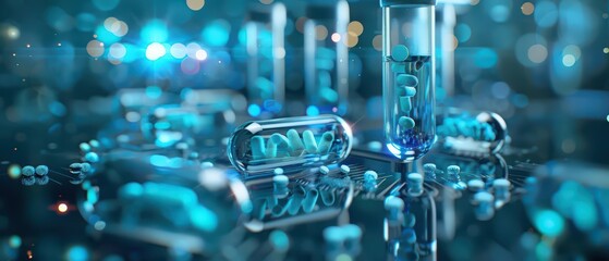 A peculiar research environment where pharmacologists use enchanted tools to produce medicine with holographic labels showing their mystical origins, high tech, with copy space