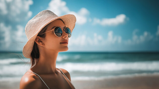 Hitze Sonne Strand und Meer h&uuml;bsche Frau mit Hut macht Ferien