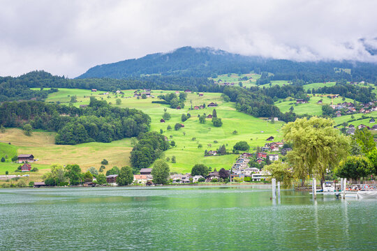 Scenic view of Lake Sarnen (Sarnersee) in the mountains of central Switzerland