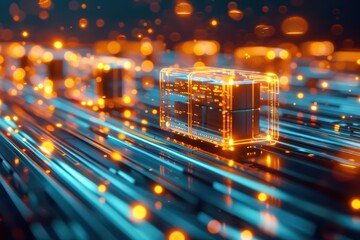 A strange, glowing logistics system that teleports shipments instantly to their destinations, high tech, with copy space