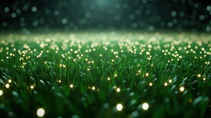 A supernatural football stadium where the grass changes color with each goal scored, enhancing the fantastical match experience, high tech, with copy space