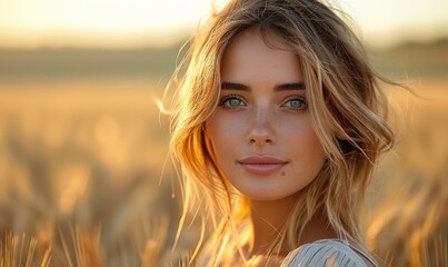 The beautiful girl stood in a wheat field at sunset.