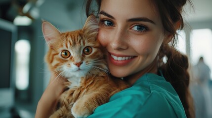 A smiling woman in a teal uniform holds an orange tabby cat in a veterinary setting, showcasing a moment of bonding and care