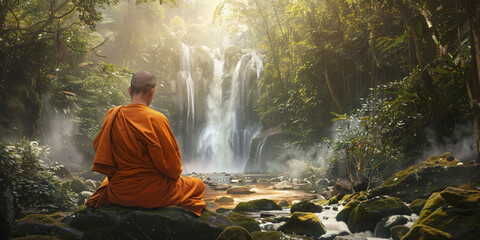 Obraz premium Monk in a zen meditation in a forest with waterfalls.