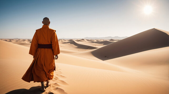 A Buddhist monk in an orange robe, exploring a serene desert landscape. The monk walks calmly through golden sand dunes under a vast, clear blue sky.  - Powered by Adobe