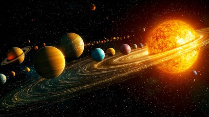 Naklejka premium A vibrant depiction of the solar system with the sun at the center, surrounded by planets, rings, and stars in a cosmic backdrop