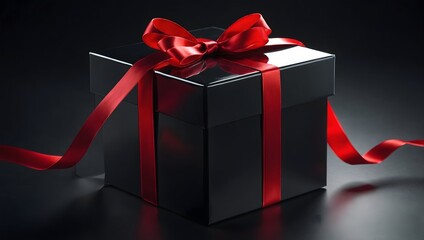 Black gift box tied with a red ribbon on black background.