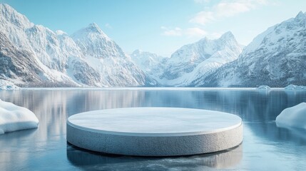 A round podium set against an icy lake with snowy mountains in the background, ideal for product display or presentations.