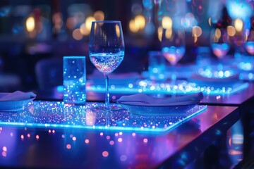 An enchanted restaurant where dishes are prepared by chefs using mystical, glowing ingredients, high tech, with copy space