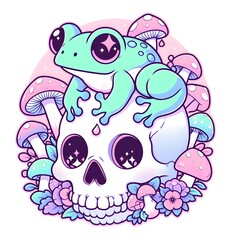 Cute Frog on Skull with Mushrooms and Flowers Illustration