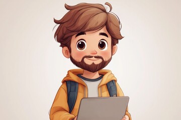 Cartoon Office Worker with Laptop and Plants