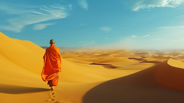 A Buddhist monk in an orange robe, exploring a serene desert landscape. The monk walks calmly through golden sand dunes under a vast, clear blue sky. 