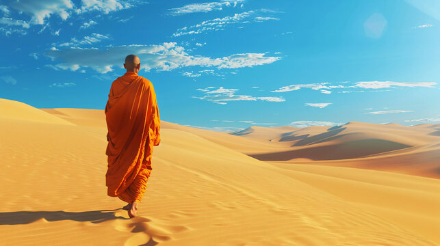 A Buddhist monk in an orange robe, exploring a serene desert landscape. The monk walks calmly through golden sand dunes under a vast, clear blue sky. 